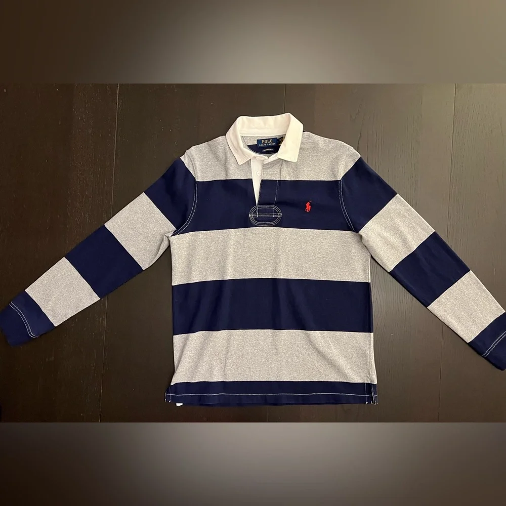 Ralph Lauren Men's Grey and Navy Striped Rugby Shirt Custom Fit Medium - Picture 1 of 6